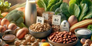 Mesa com alimentos ricos em vitaminas do complexo B